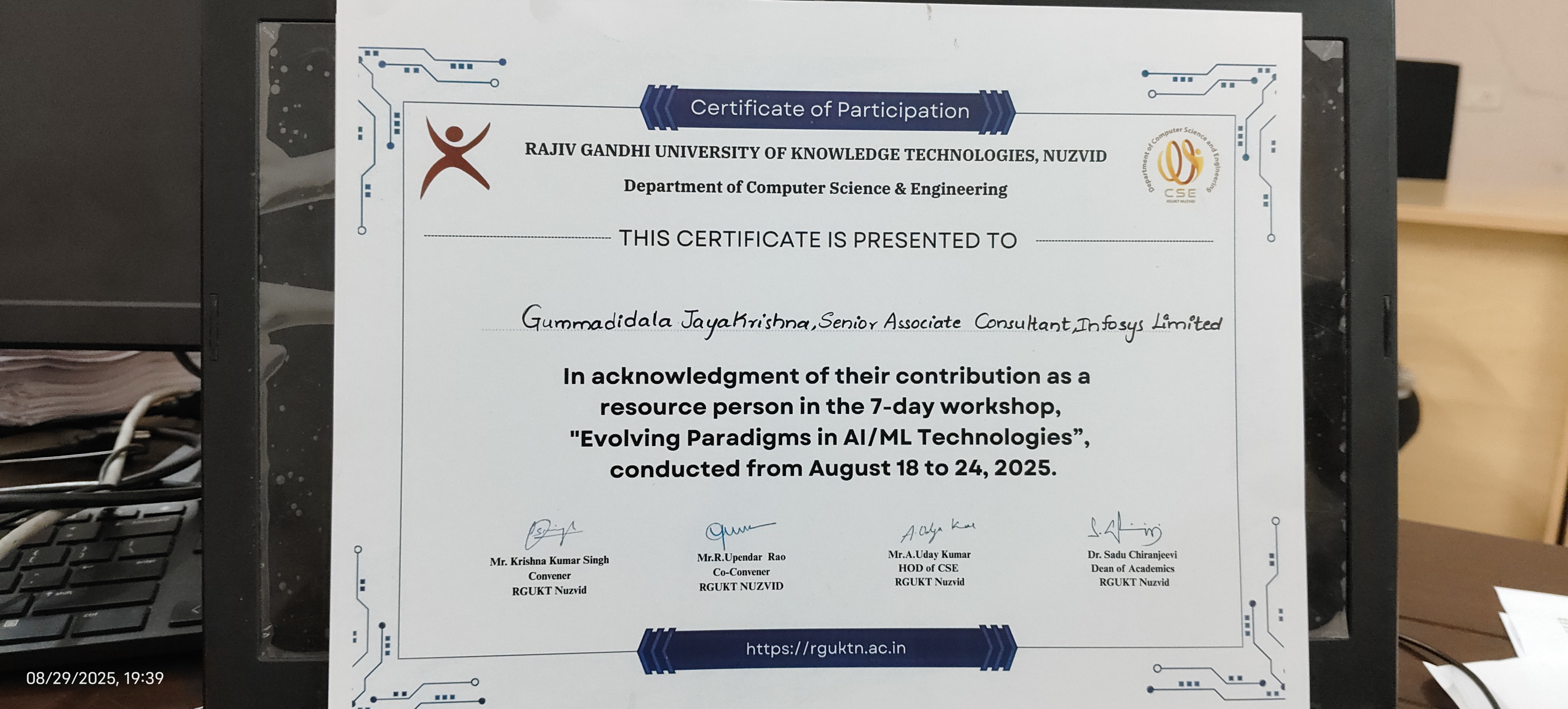 Certificate from Rajiv Gandhi College